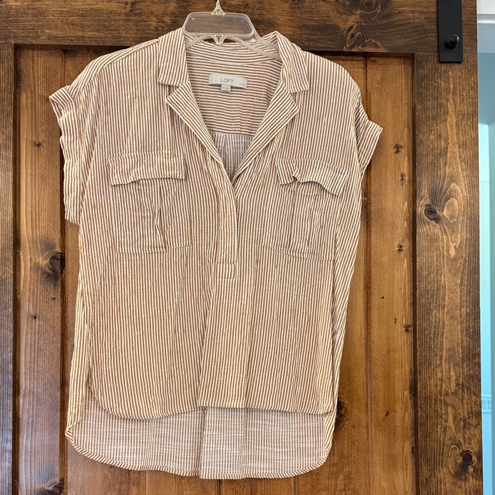 LOFT Cream and Tan Striped Short-Sleeve Button Front Shirt